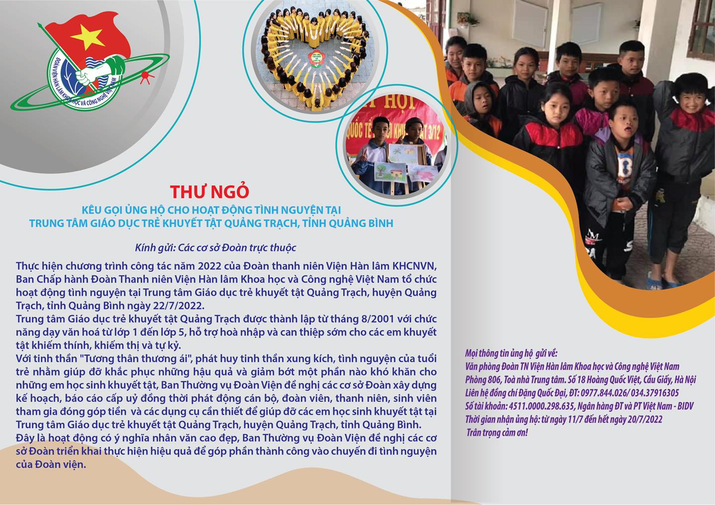 Ủng hộ hoạt động tình nguyện tại Trung tâm Giáo dục trẻ khuyết tật Quảng Trạch, Tỉnh Quảng Bình