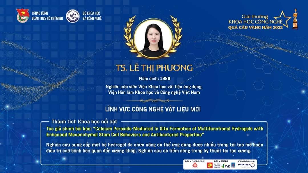 Nữ tiến sĩ trẻ, Viện Khoa học vật liệu ứng dụng, Viện Hàn lâm Khoa học và Công nghệ Việt Nam nhận Giải thưởng Khoa học công nghệ Quả Cầu Vàng năm 2022